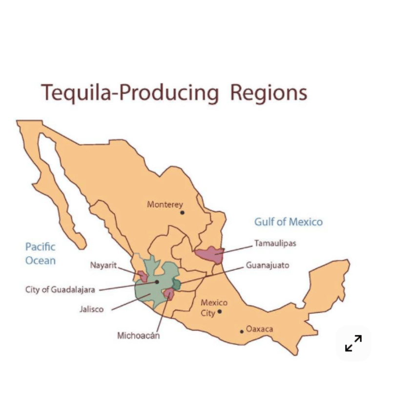 Map of the 5 tequila regions of Mexico