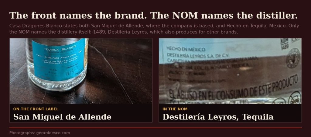 Casa Dragones Blanco front label beside its back label showing NOM 1489, Destilería Leyros, in Tequila, Jalisco